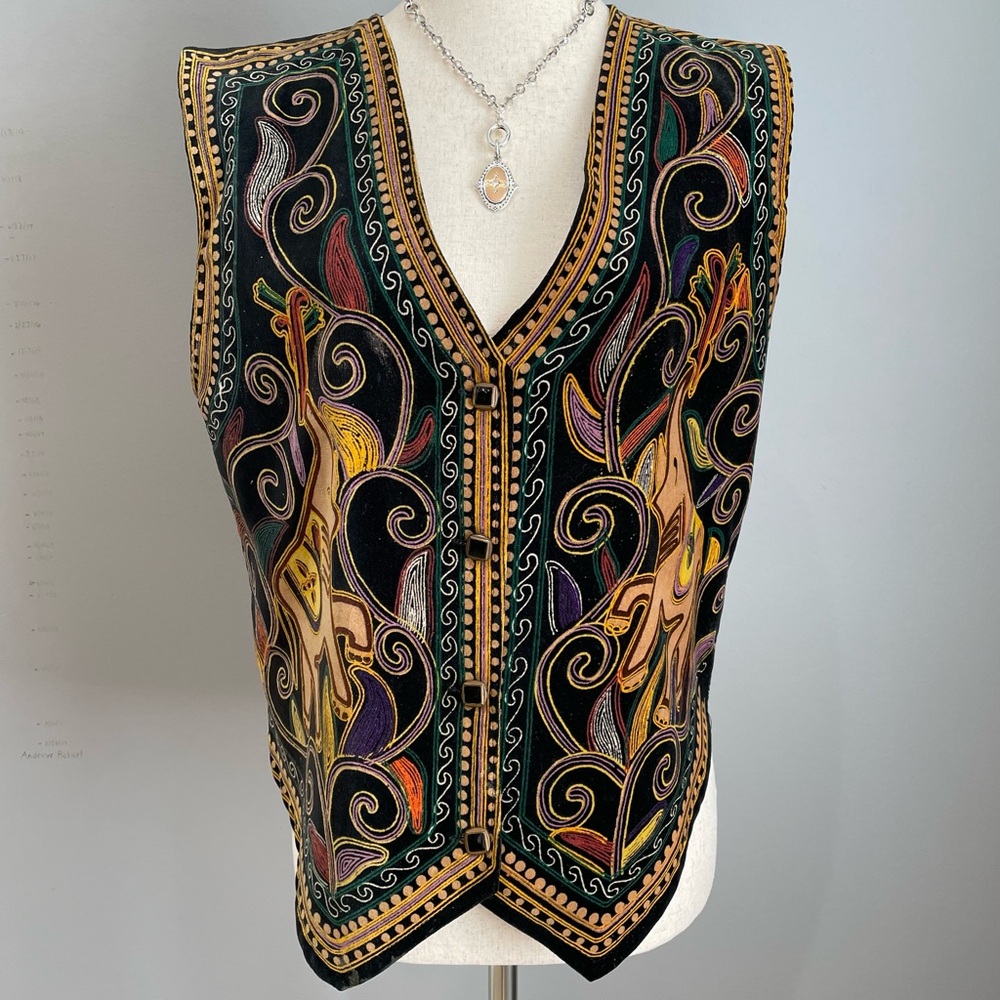 VTG Pabst Blue Ribbon Velvet Vest XXL Black Elephant Print V Neck Button Down